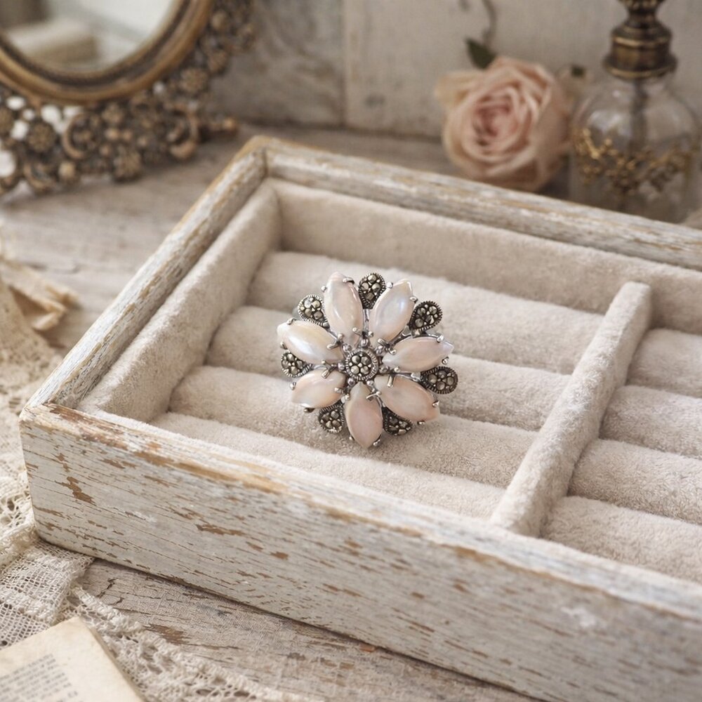 925 Sterling Silver Flower Ring with Pink Cabochon Gemstone – Size 7.5